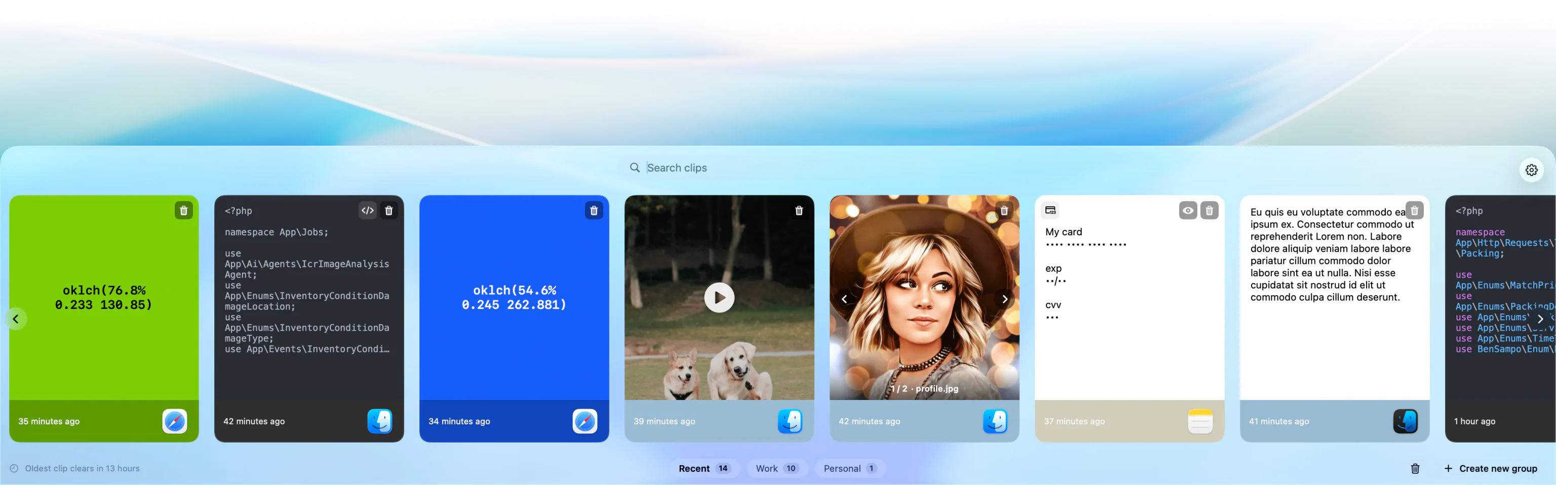 Clippo's clipboard history docked at the bottom of a macOS desktop